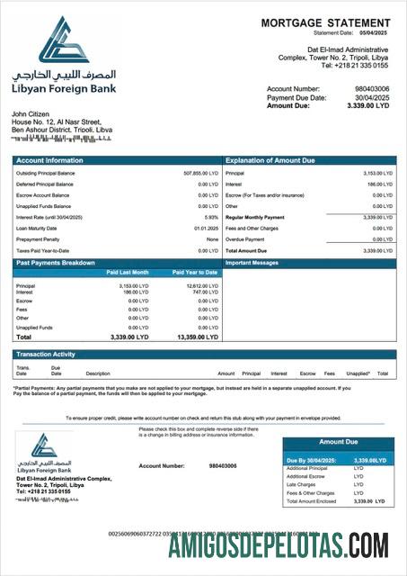 realista Modelo Word e PDF de declaração de hipoteca de banco estrangeiro da Líbia